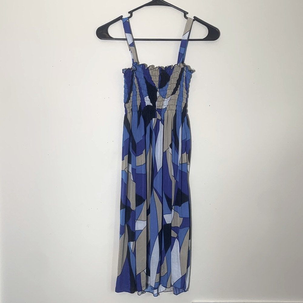 Romantic Sini‎ blue tan white dress stretchy women’s size medium New